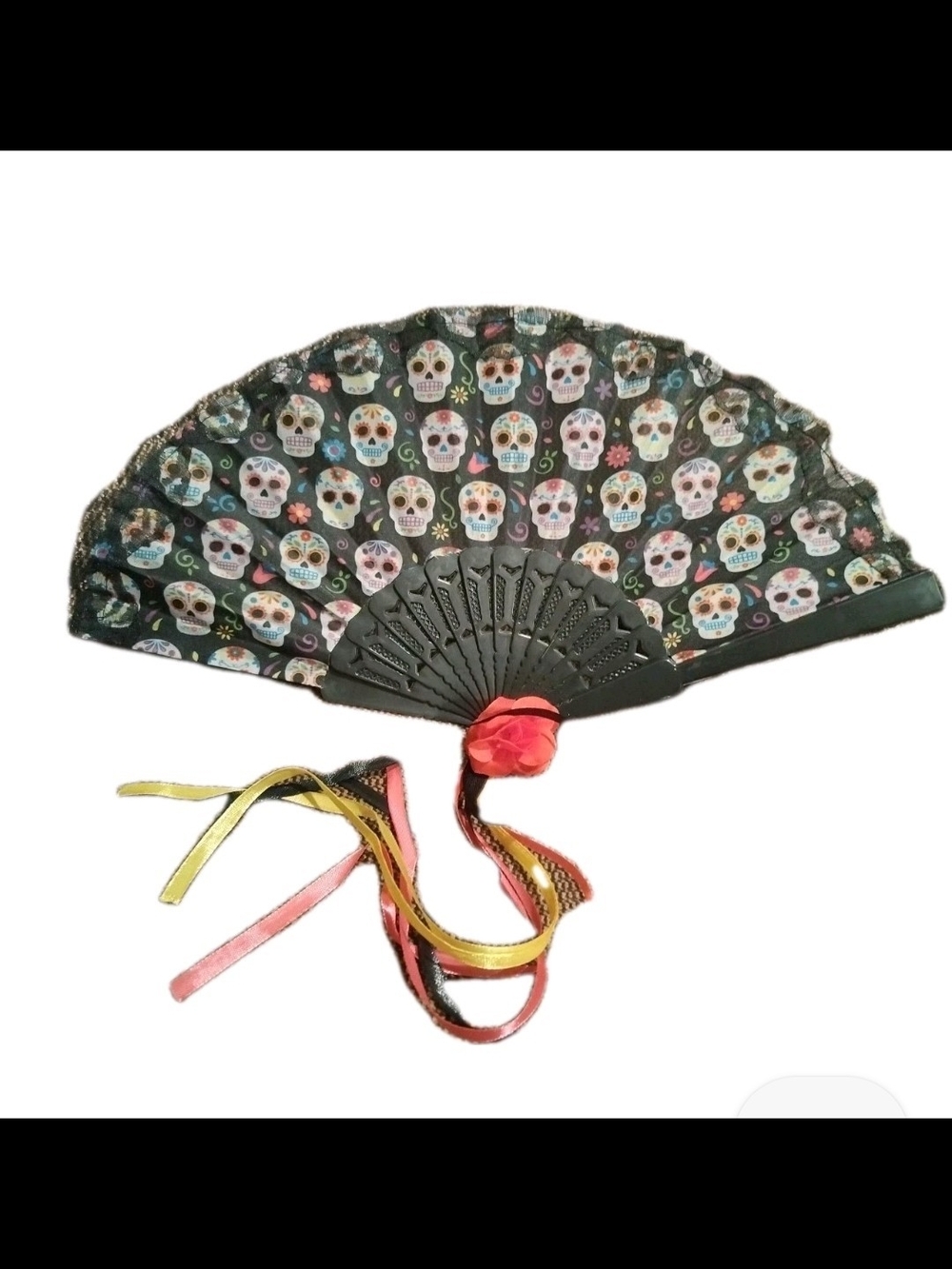 Day Of The Dead / Halloween Black Colorful Skulls Hand Fan with Ribbons